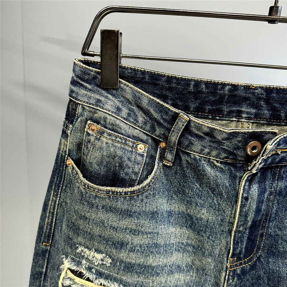 Mens Baggy Distressed Denim Patchwork