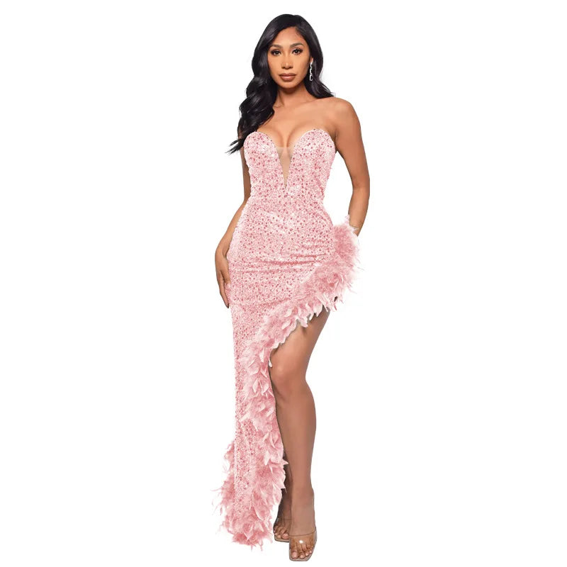 Women Asymmetrical Feather Cocktail Party Dress