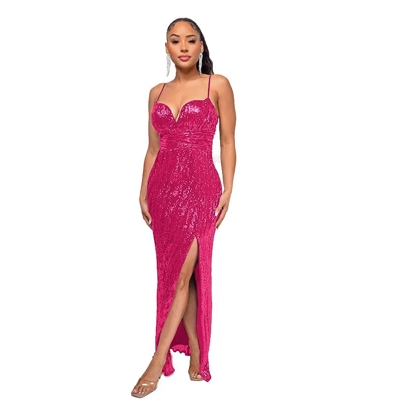 Womens Criss-Cross Sequin Elegant Evening Dress