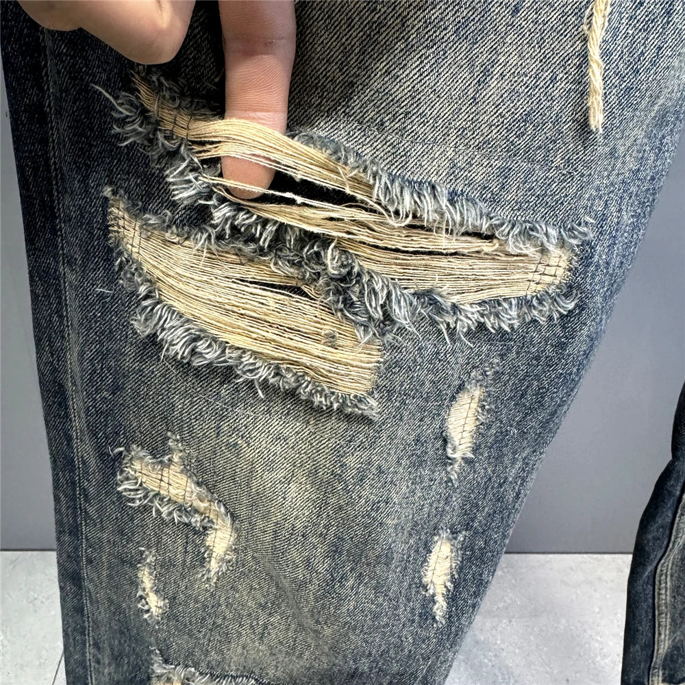 Mens Baggy Distressed Denim Patchwork