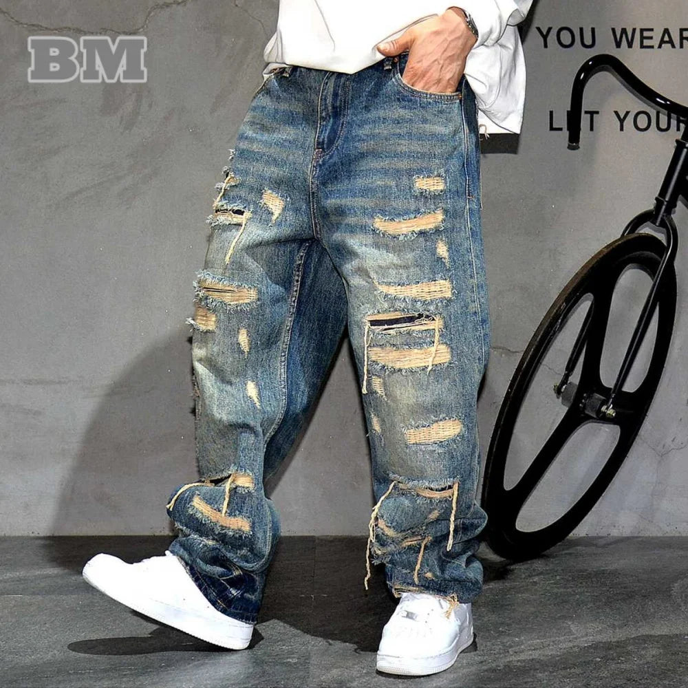 Mens Baggy Distressed Denim Patchwork