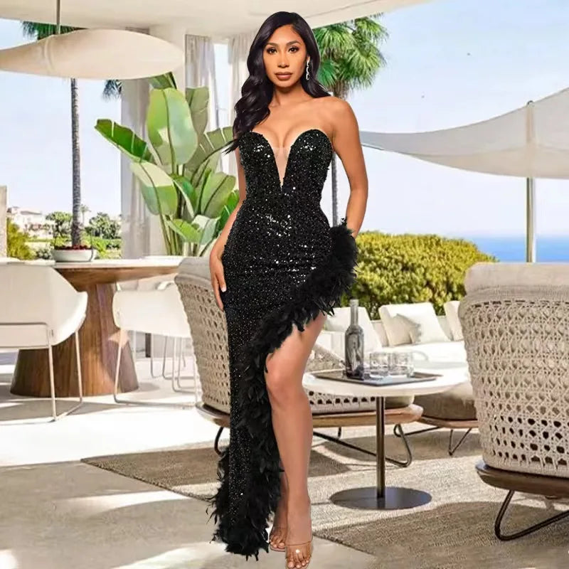 Women Asymmetrical Feather Cocktail Party Dress