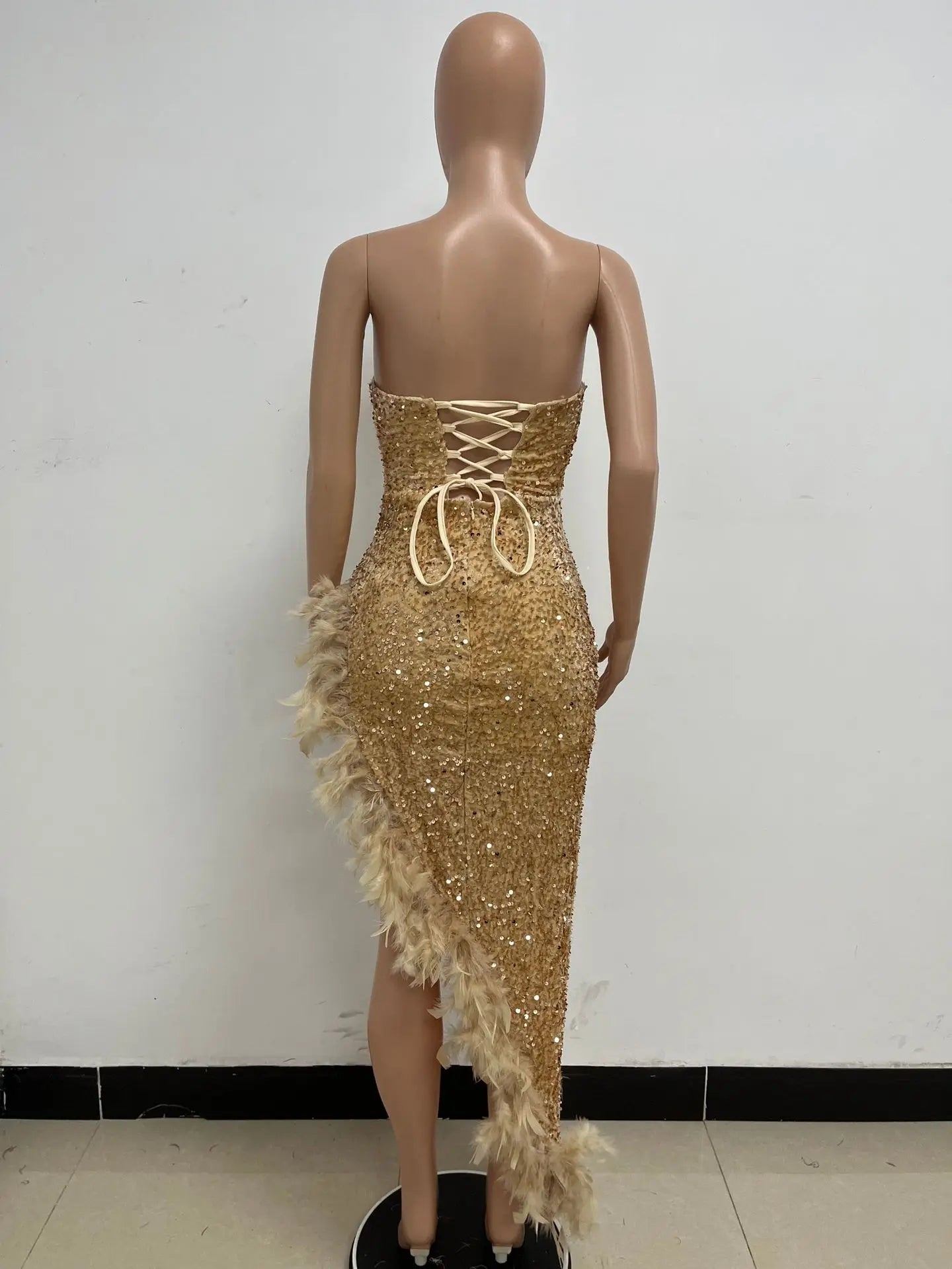 Women Asymmetrical Feather Cocktail Party Dress