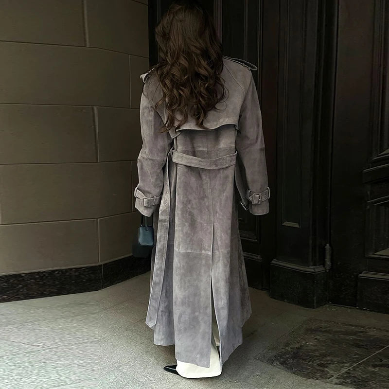 Vintage Suede Women Double Breasted Coat