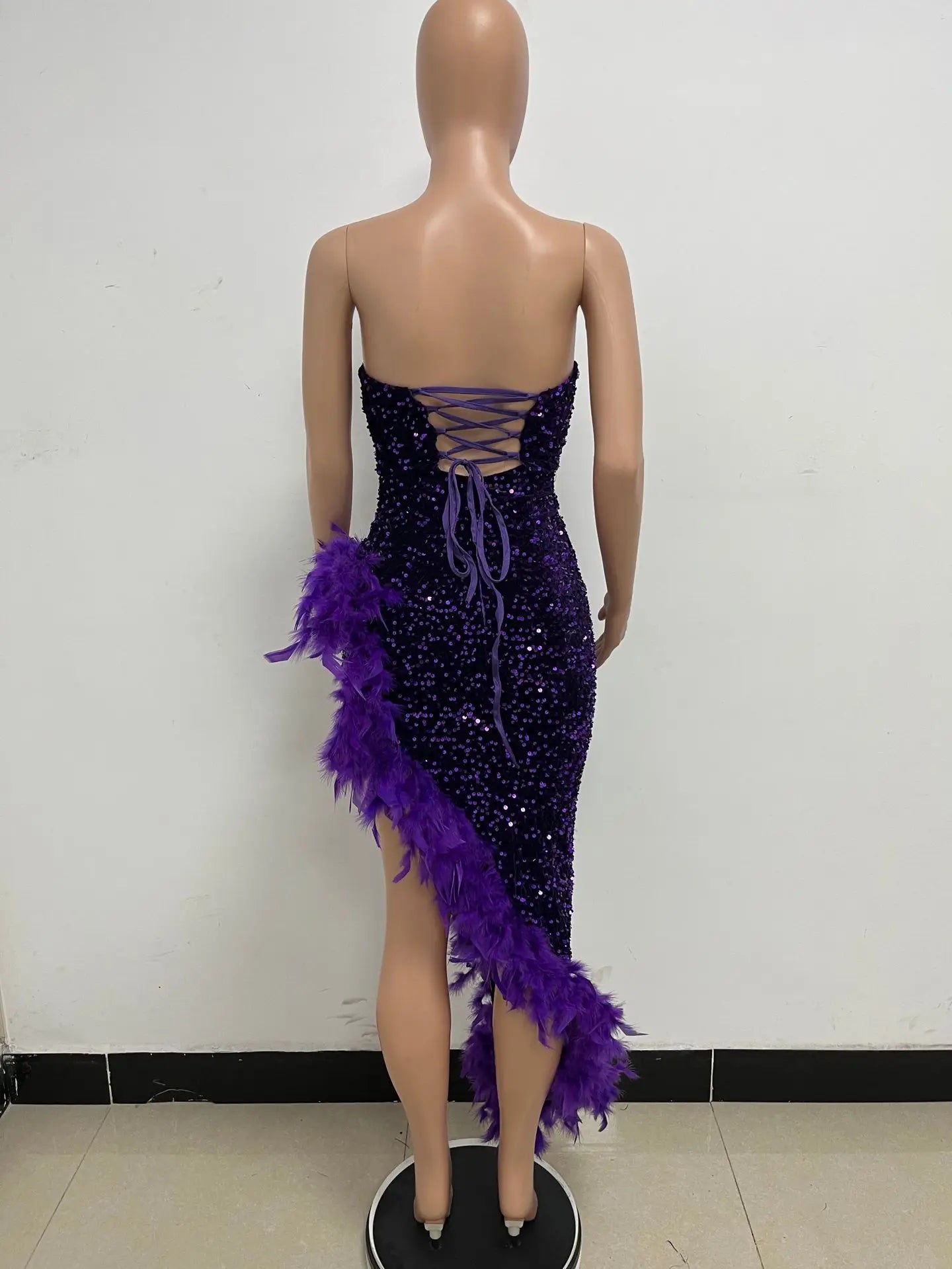 Women Asymmetrical Feather Cocktail Party Dress