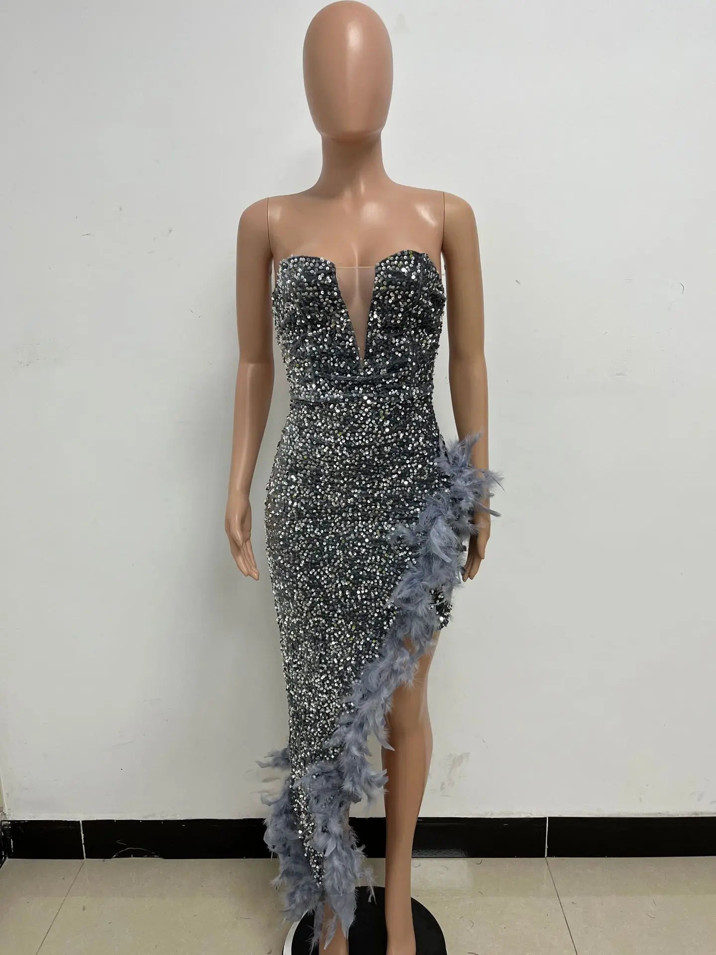 Women Asymmetrical Feather Cocktail Party Dress