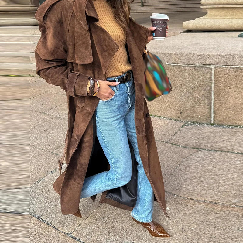 Vintage Suede Women Double Breasted Coat