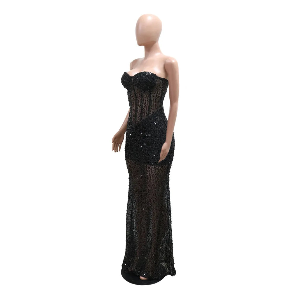 Womens  See-through Evening Maxi Dress