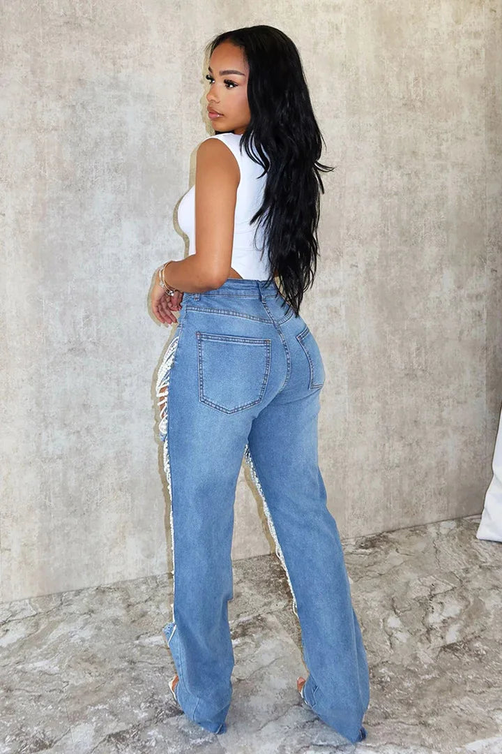Women Diamonds Chain Stretch High Waist Jeans