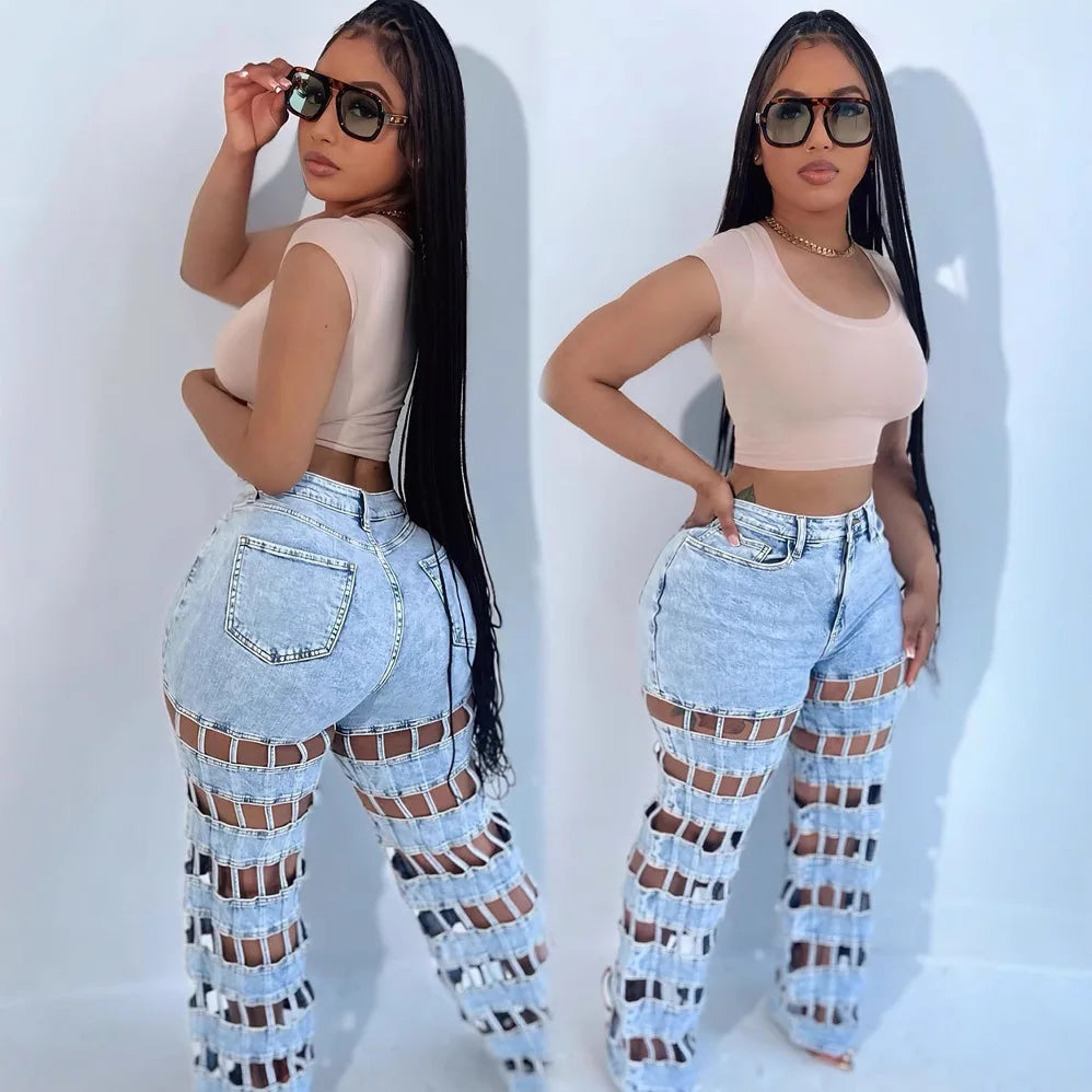 Women Hollow Out High-Waisted Jeans