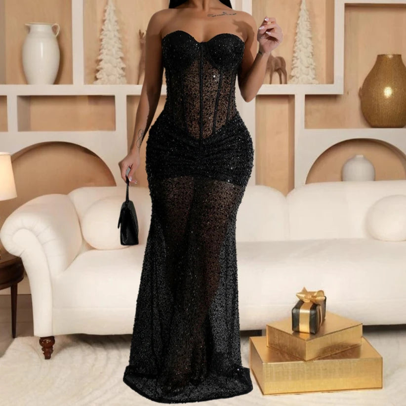 Womens  See-through Evening Maxi Dress