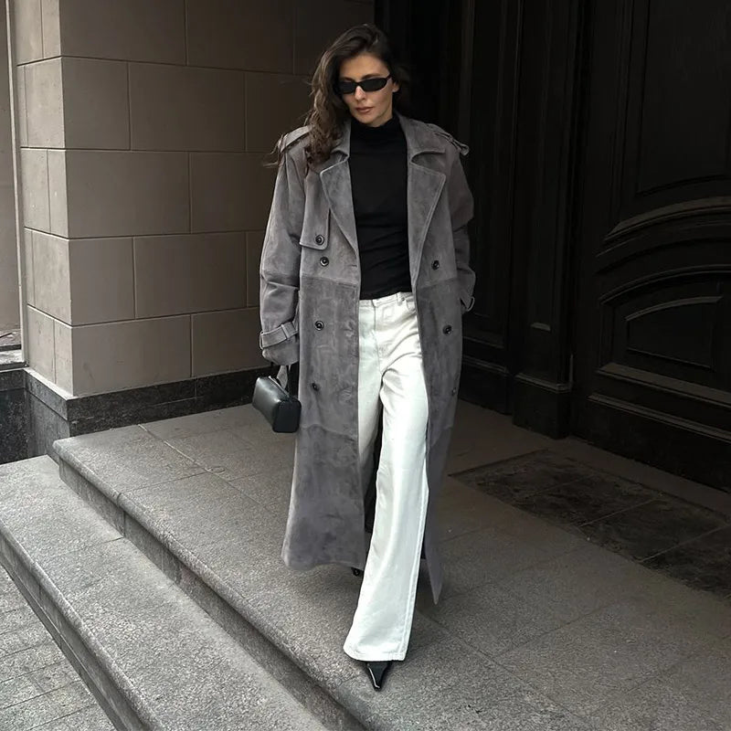 Vintage Suede Women Double Breasted Coat