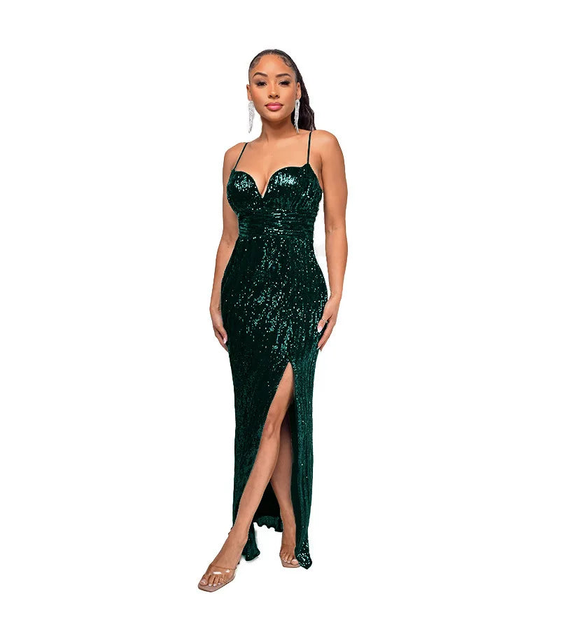 Womens Criss-Cross Sequin Elegant Evening Dress