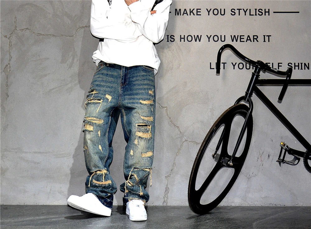 Mens Baggy Distressed Denim Patchwork