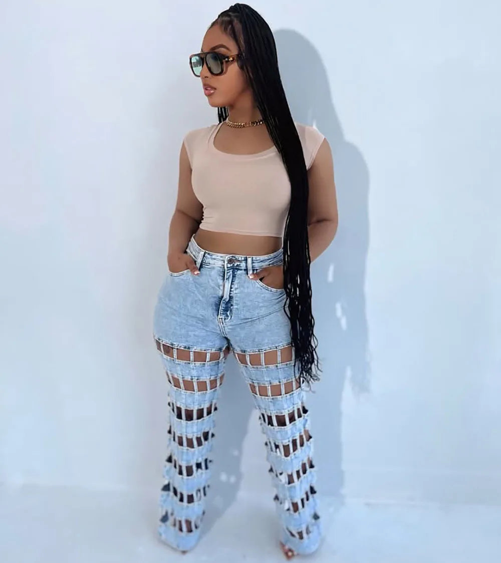 Women Hollow Out High-Waisted Jeans