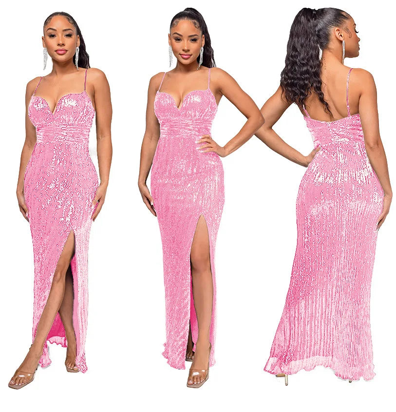 Womens Criss-Cross Sequin Elegant Evening Dress
