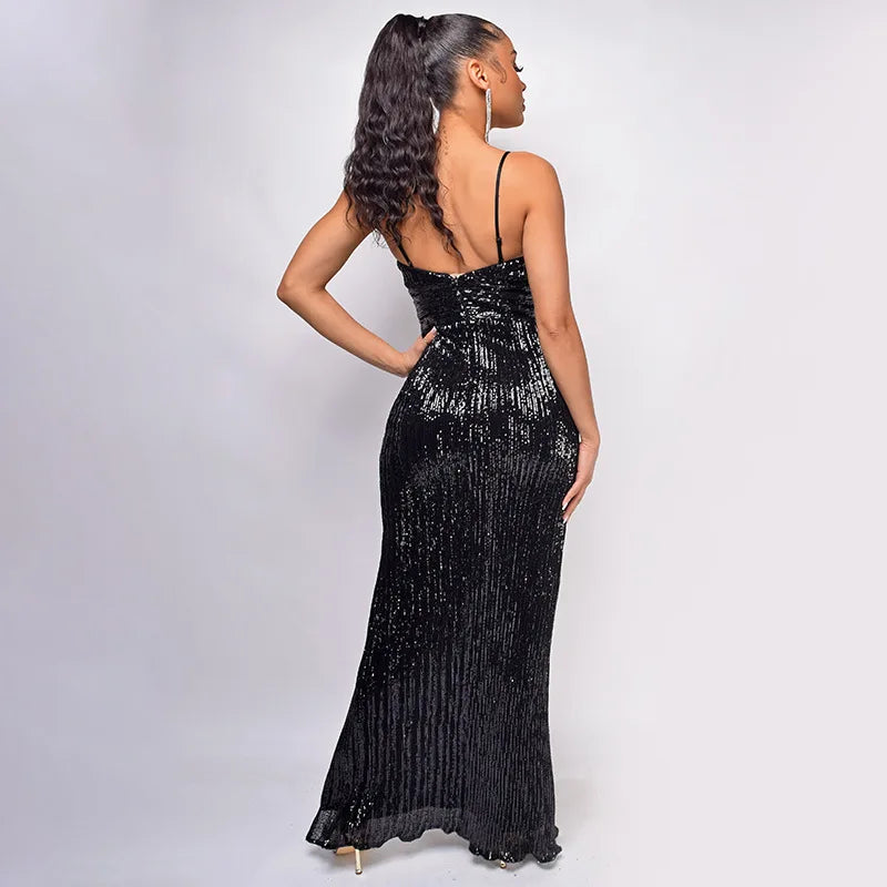 Womens Criss-Cross Sequin Elegant Evening Dress