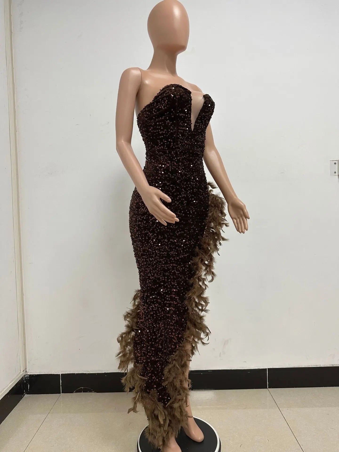 Women Asymmetrical Feather Cocktail Party Dress