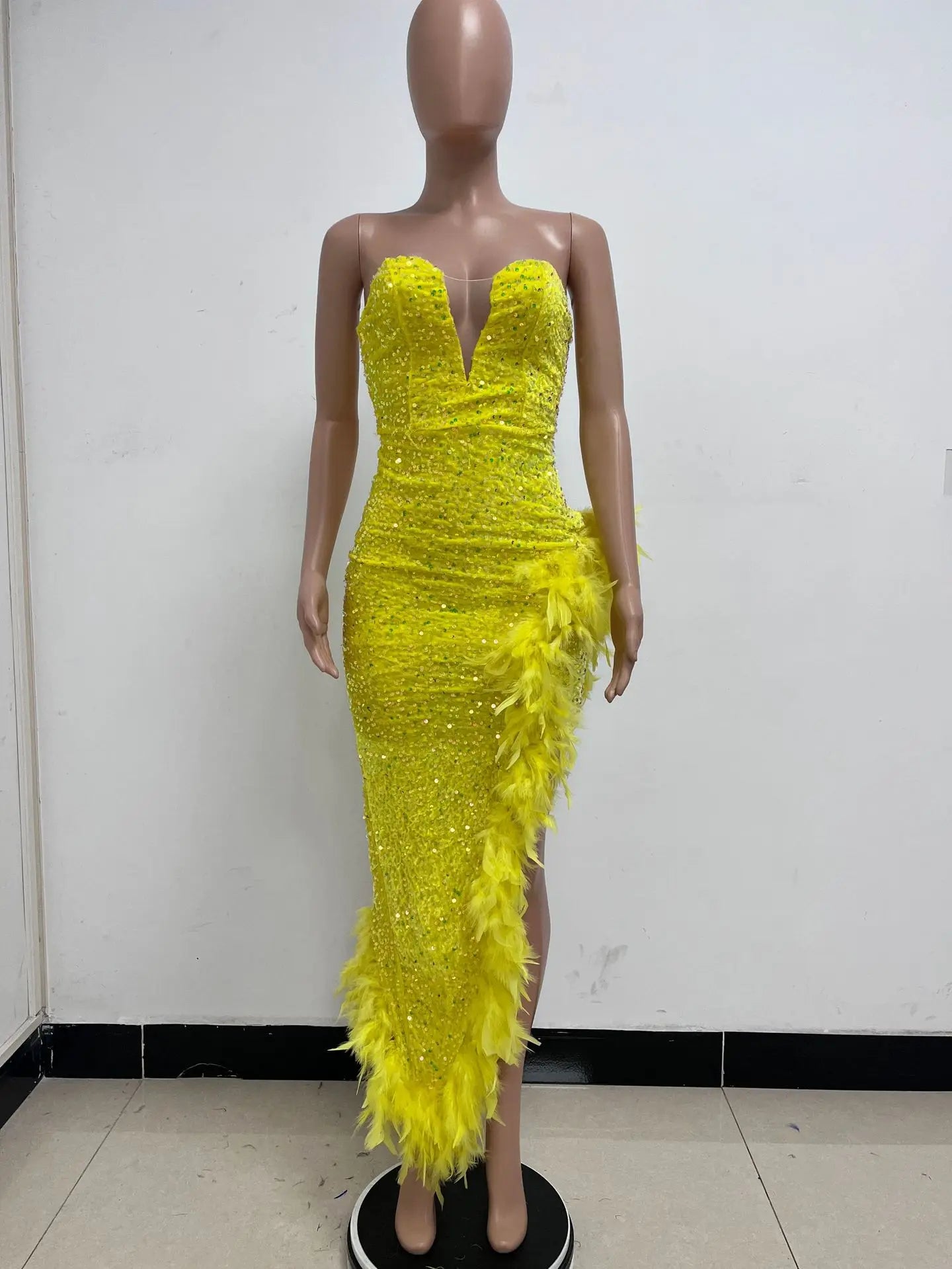 Women Asymmetrical Feather Cocktail Party Dress