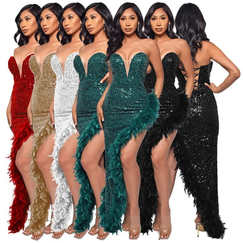 Women Asymmetrical Feather Cocktail Party Dress
