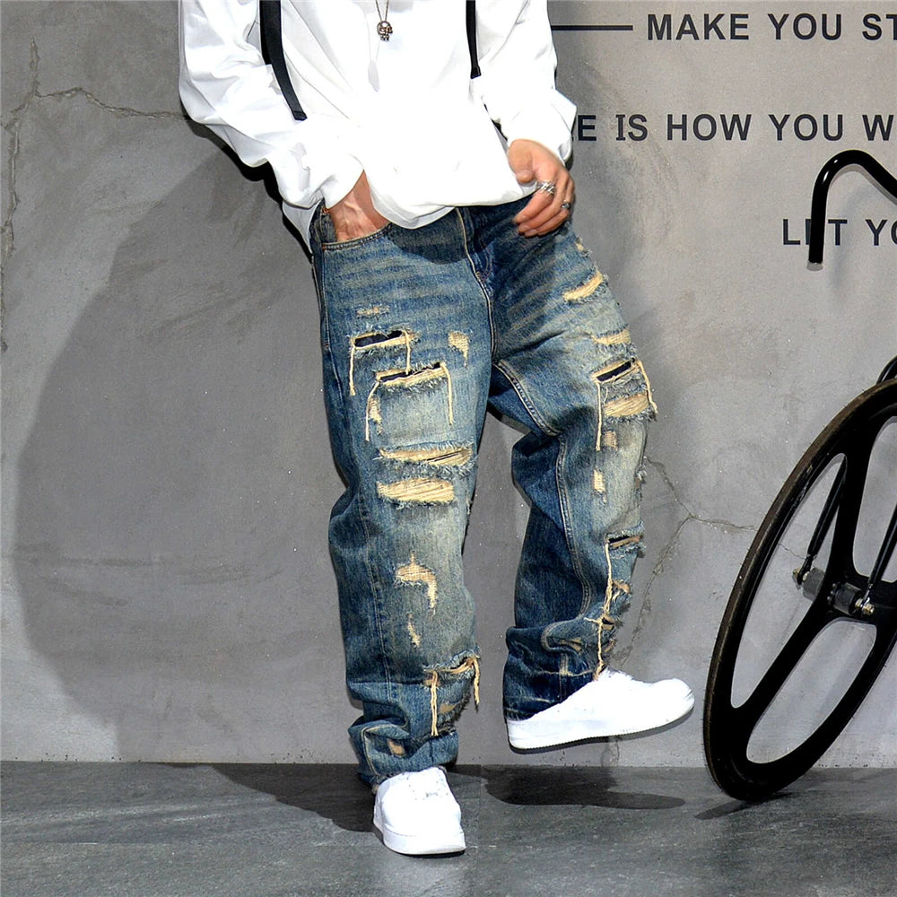 Mens Baggy Distressed Denim Patchwork