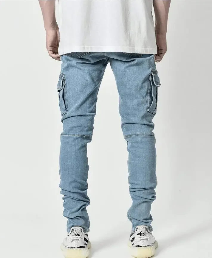 Men Multi Pockets Denim Mid Waist Cargo Jeans