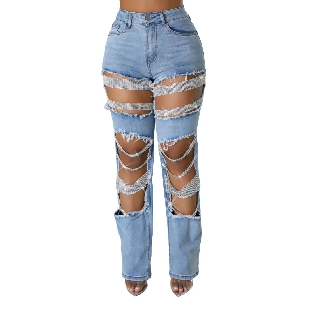 Women Diamonds Chain Stretch High Waist Jeans
