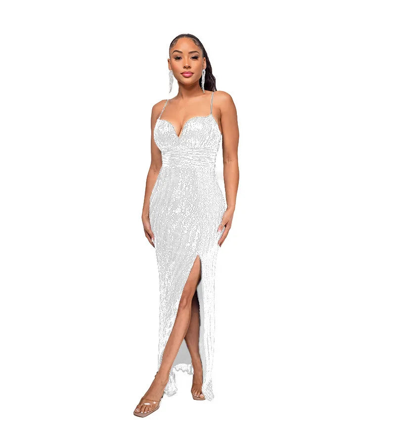 Womens Criss-Cross Sequin Elegant Evening Dress