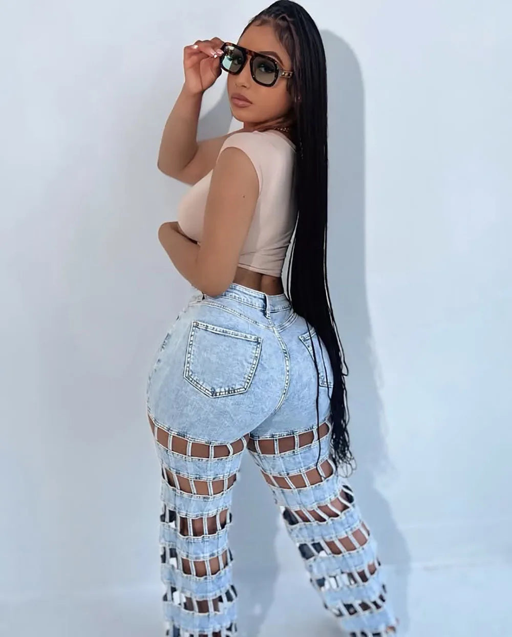 Women Hollow Out High-Waisted Jeans