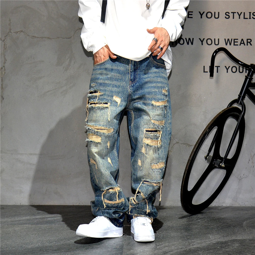 Mens Baggy Distressed Denim Patchwork