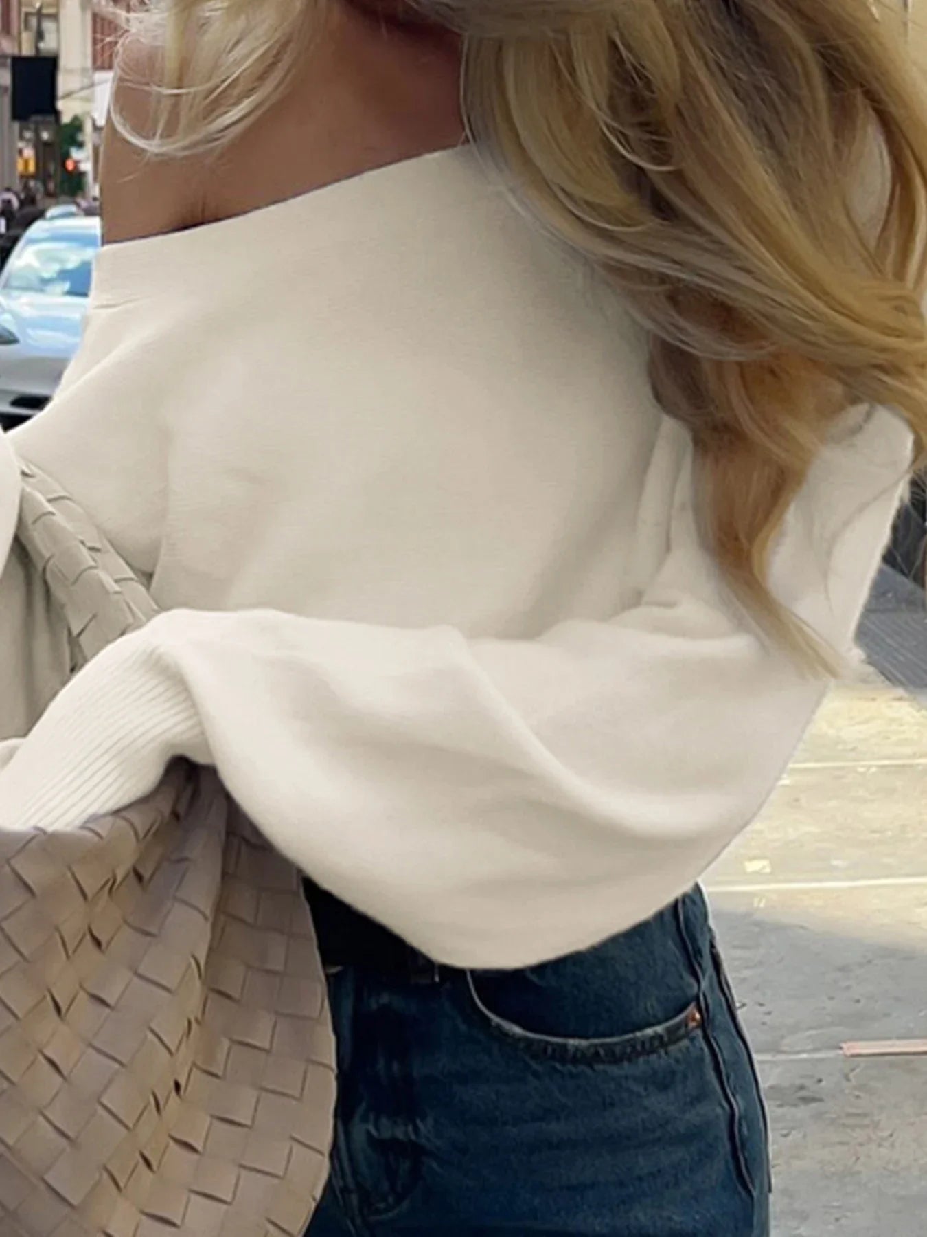 Off-Shoulder Long Sleeve Knitted Sweater