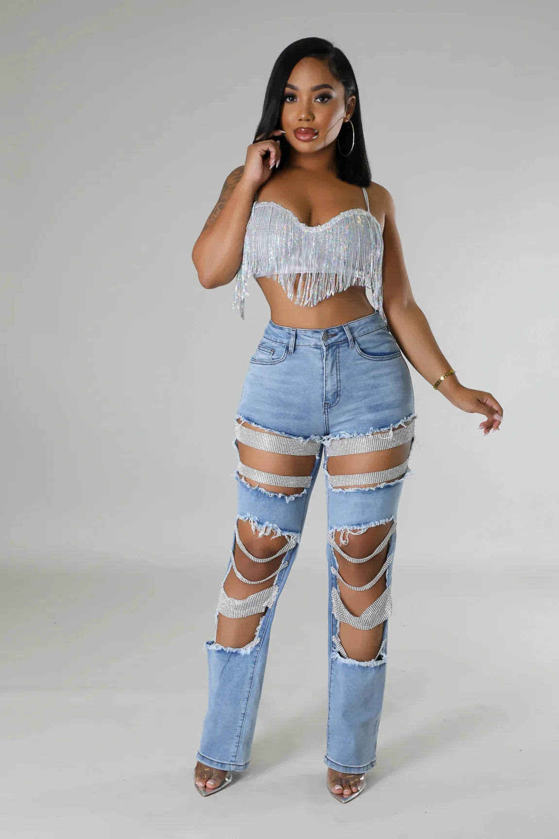 Women Diamonds Chain Stretch High Waist Jeans
