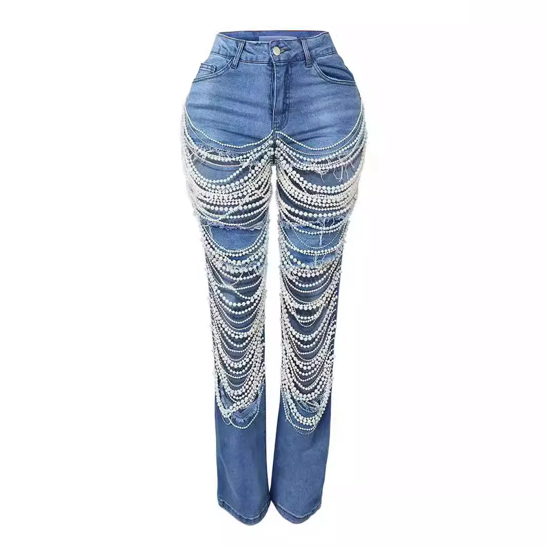 Women Diamonds Chain Stretch High Waist Jeans