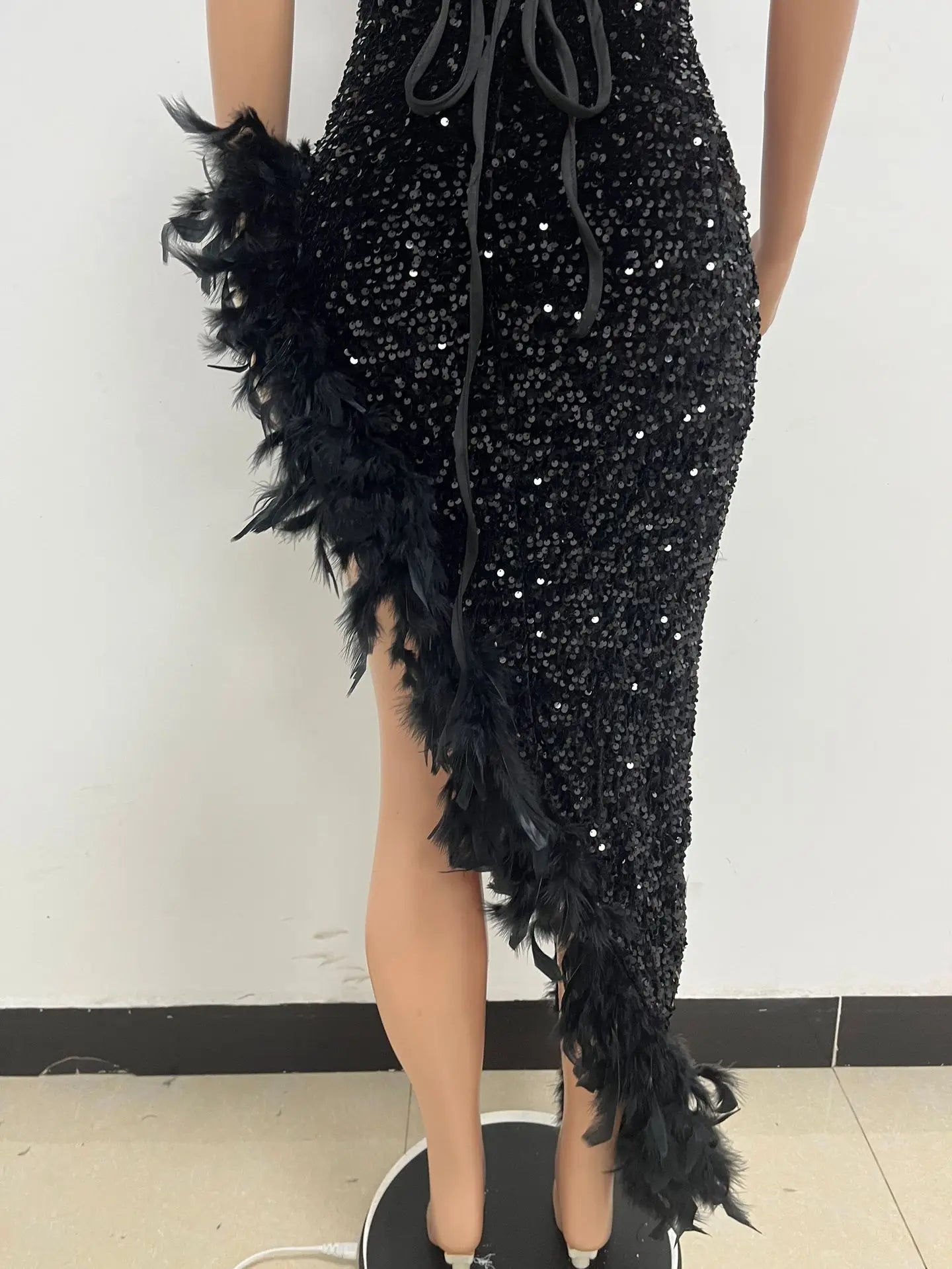 Women Asymmetrical Feather Cocktail Party Dress