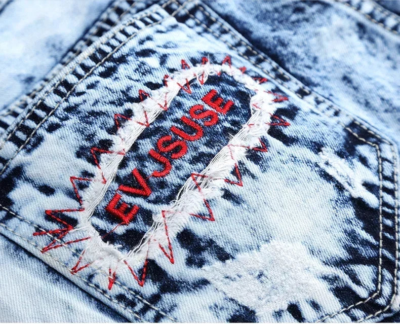 Men's Embroidered Patchwork Ripped Jeans