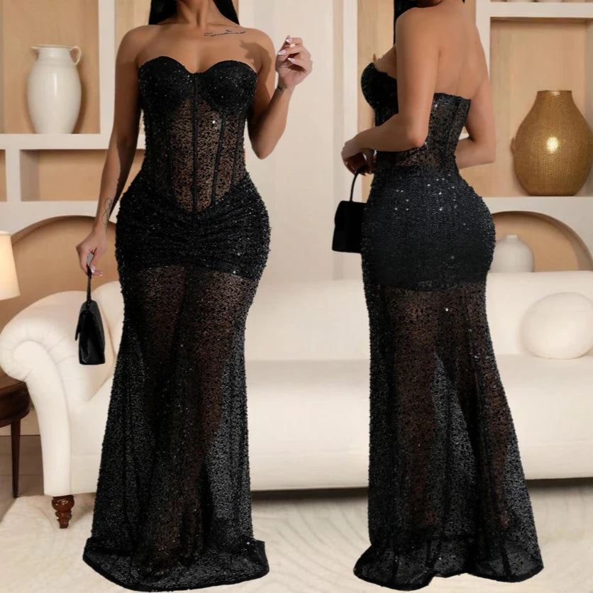 Womens  See-through Evening Maxi Dress