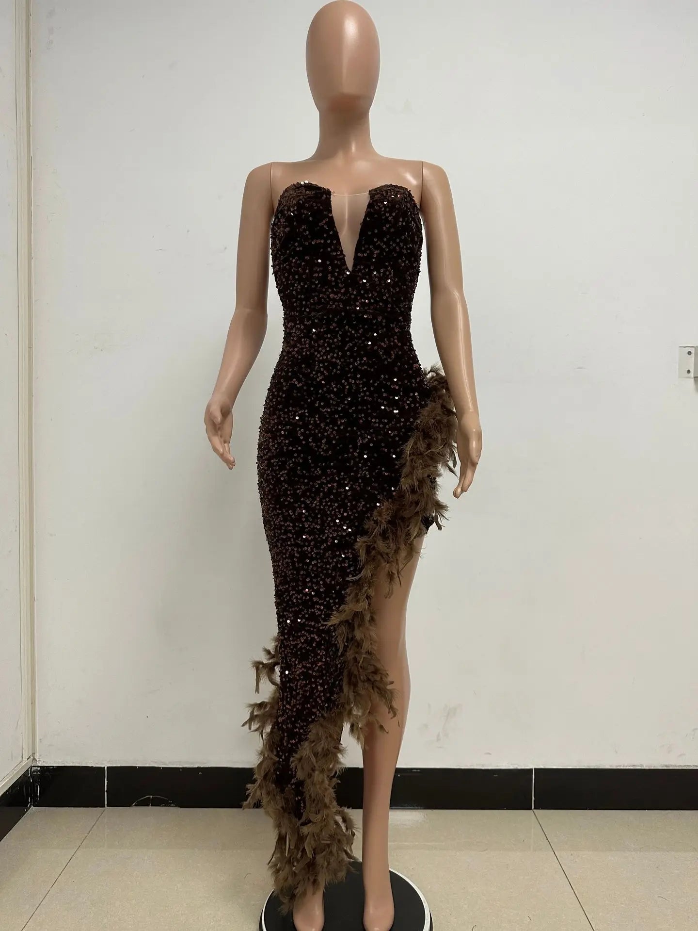 Women Asymmetrical Feather Cocktail Party Dress