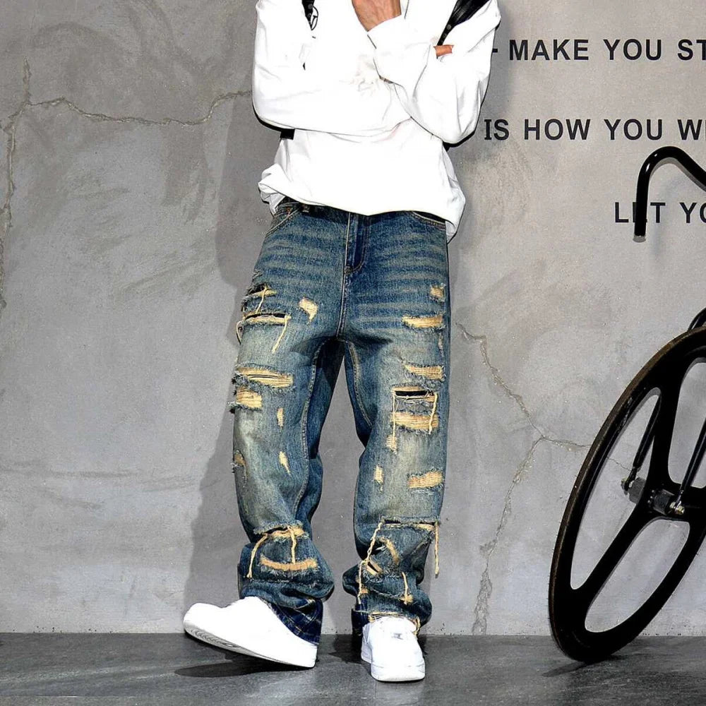 Mens Baggy Distressed Denim Patchwork