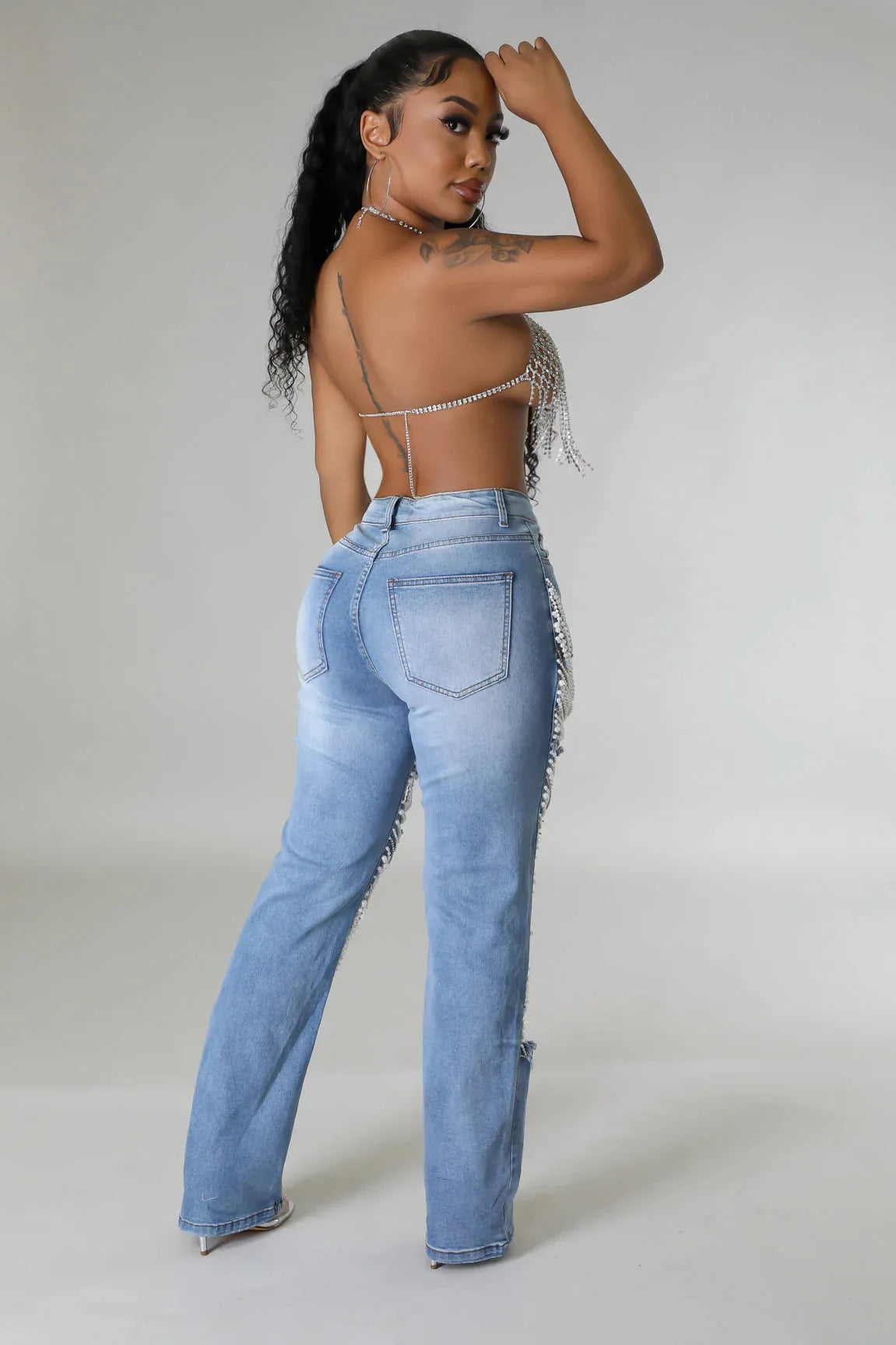 Women Diamonds Chain Stretch High Waist Jeans