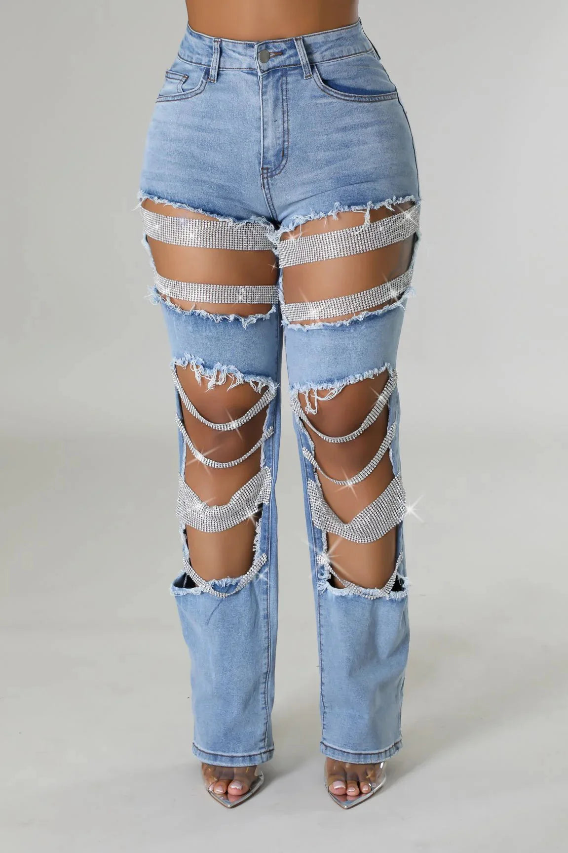 Women Diamonds Chain Stretch High Waist Jeans