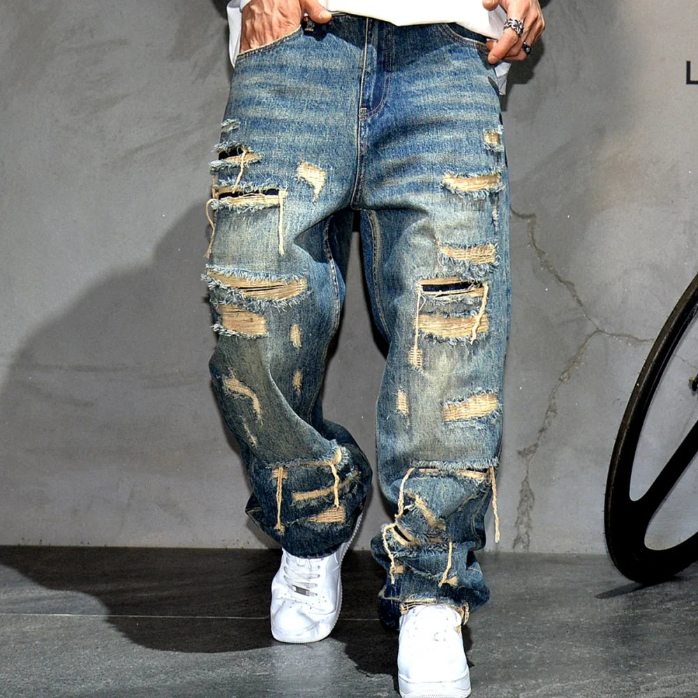 Mens Baggy Distressed Denim Patchwork