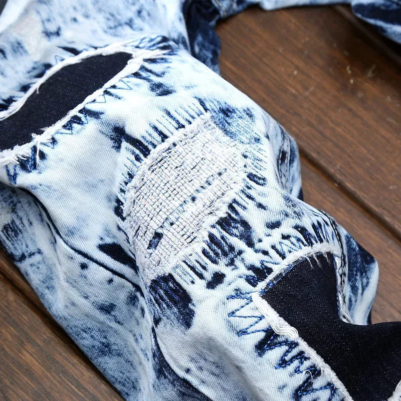 Men's Embroidered Patchwork Ripped Jeans