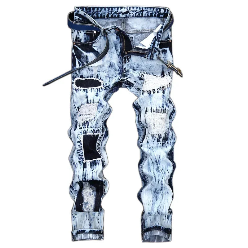 Men's Embroidered Patchwork Ripped Jeans