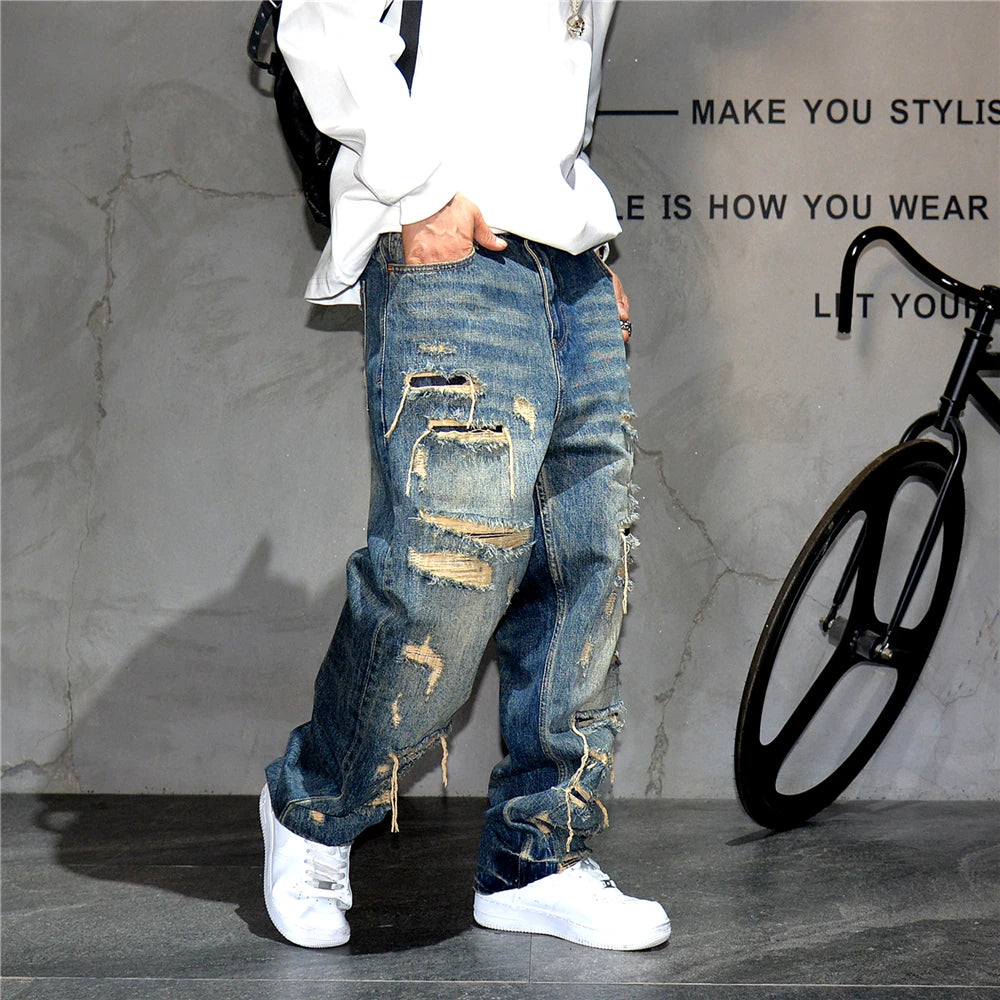Mens Baggy Distressed Denim Patchwork