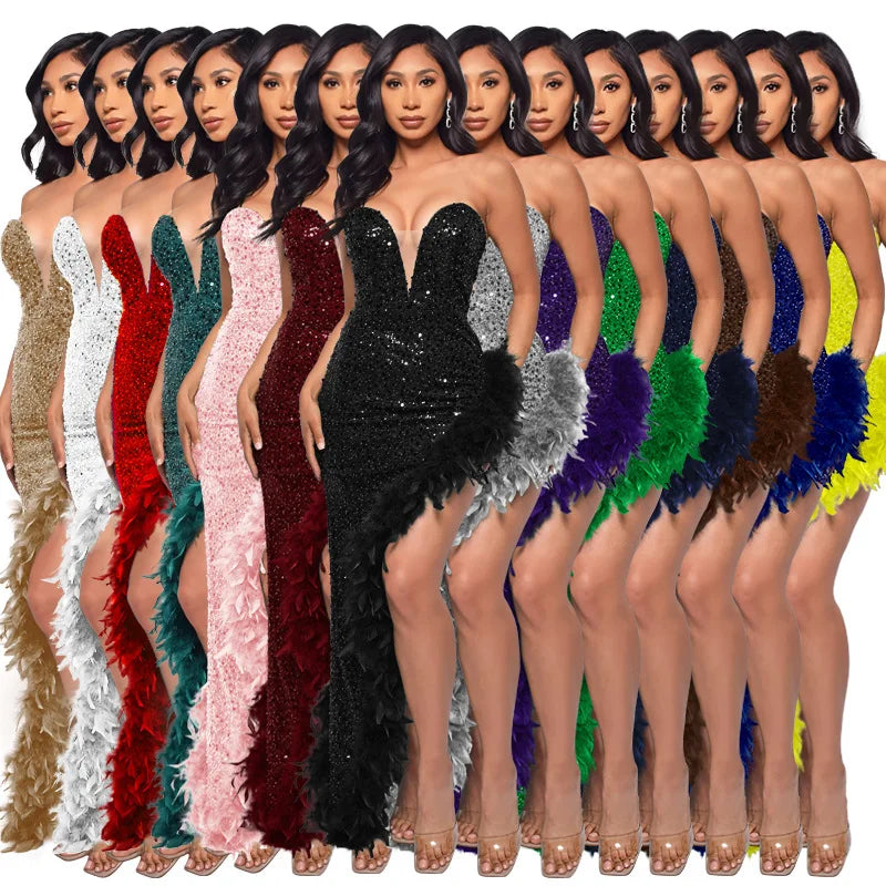 Women Asymmetrical Feather Cocktail Party Dress