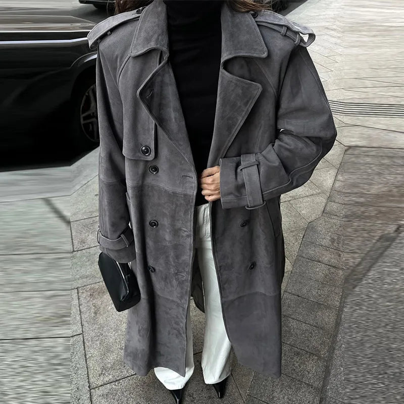 Vintage Suede Women Double Breasted Coat