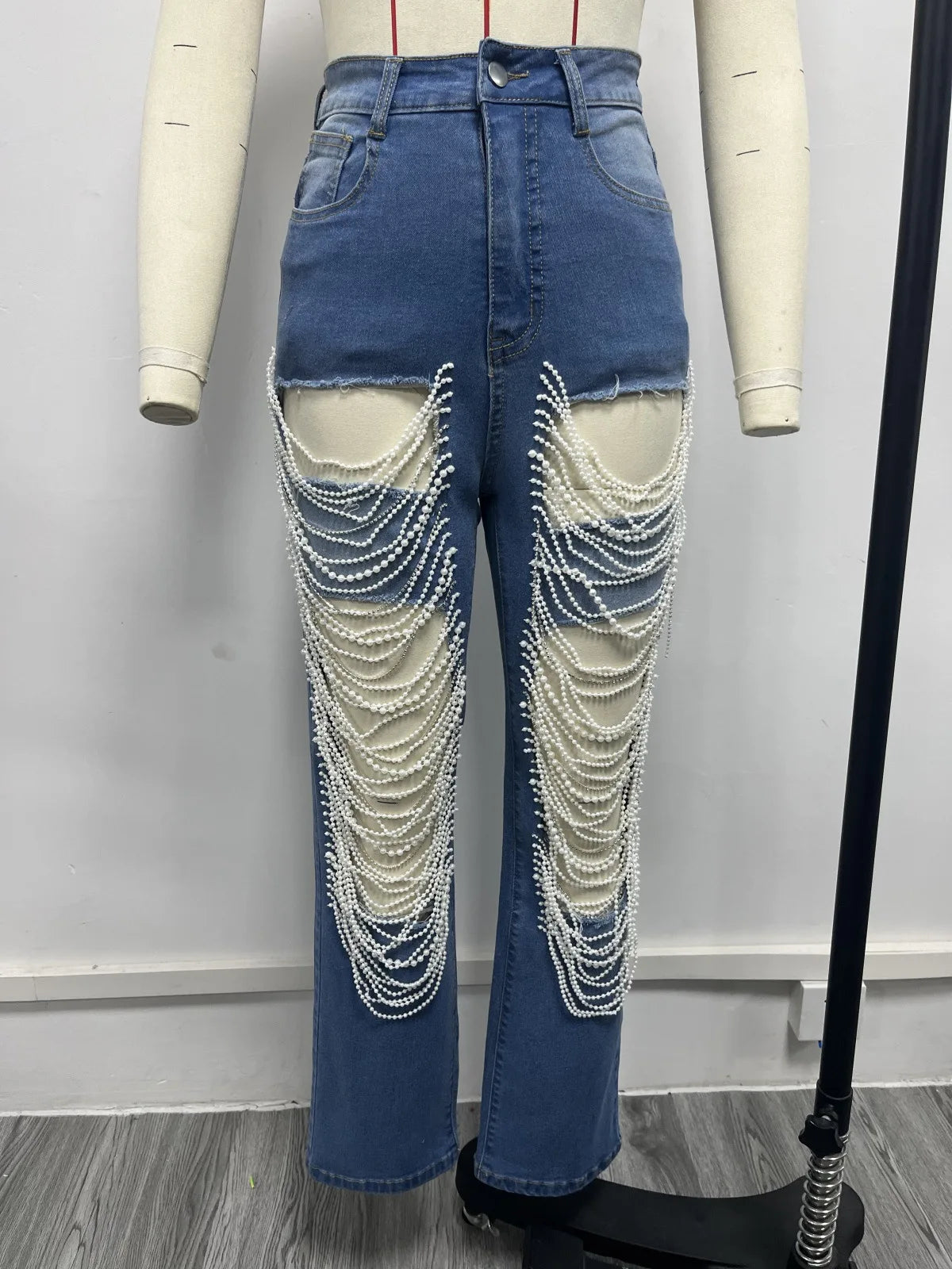 Women Diamonds Chain Stretch High Waist Jeans