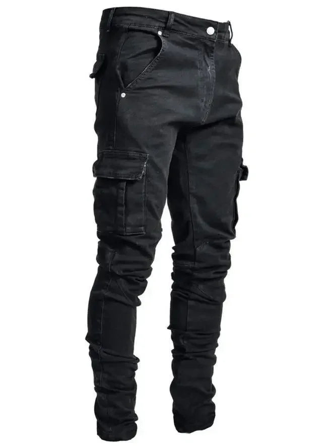 Men Multi Pockets Denim Mid Waist Cargo Jeans