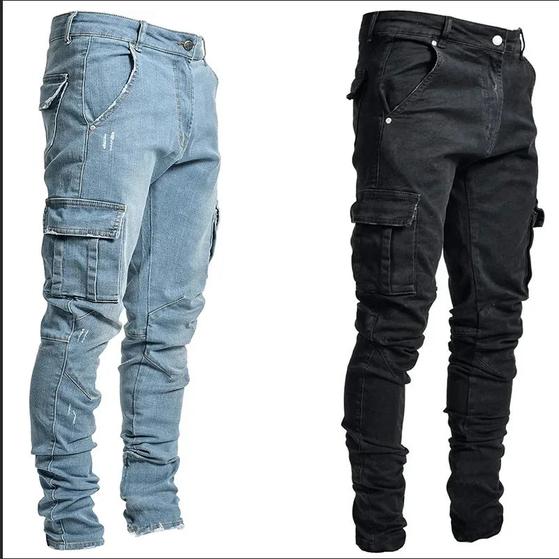 Men Multi Pockets Denim Mid Waist Cargo Jeans