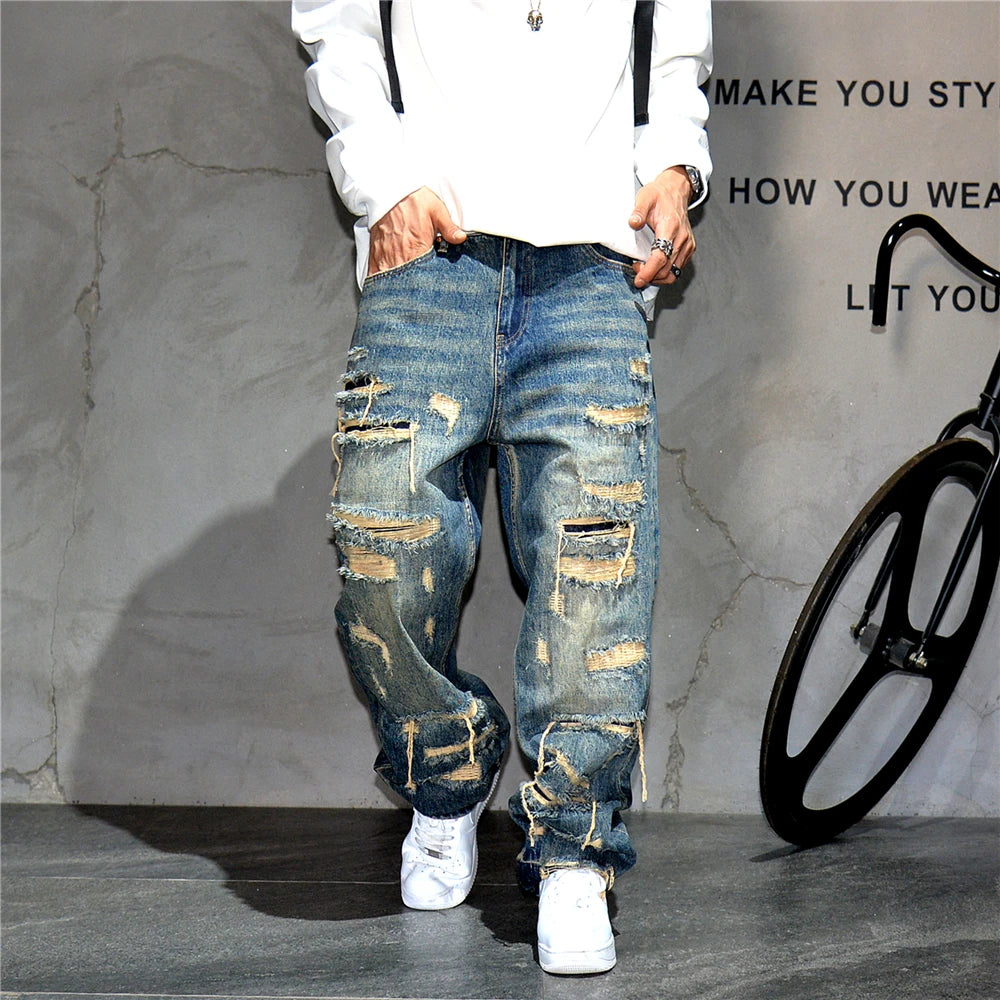 Mens Baggy Distressed Denim Patchwork
